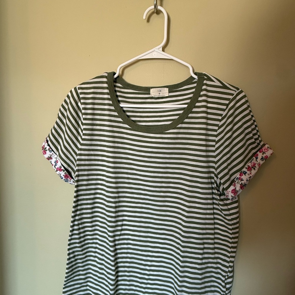 Boutique Green and White Striped T-Shirt with Floral Accents on sleeves.
